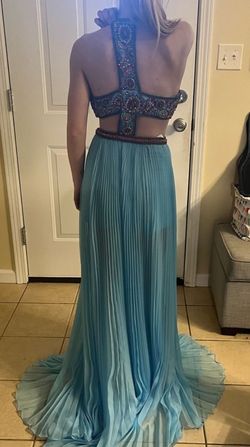 Sherri Hill Blue Size 4 Pageant Jersey Medium Height Train Dress on Queenly