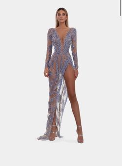 Style Long Blue V line Dress Albina Dyla Blue Size 4 Jersey Floor Length Side slit Dress on Queenly