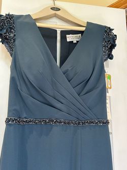 Montage by Mon Cheri Blue Size 10 Train Sleeves Side slit Dress on Queenly