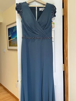 Montage by Mon Cheri Blue Size 10 Train Sleeves Side slit Dress on Queenly
