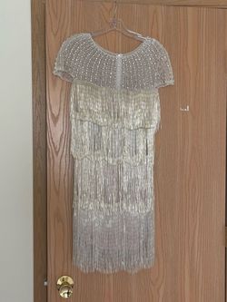 Style 61709 Jovani Silver Size 12 Shiny Plus Size Fringe Cocktail Dress on Queenly