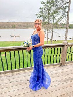 Style 54275 Sherri Hill Blue Size 8 Plunge Tulle 54275 Mermaid Dress on Queenly