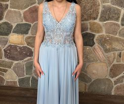 Style 2210531 Dave and Johnny Blue Size 6 Pageant Floor Length Jersey A-line Dress on Queenly