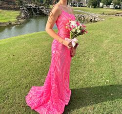 Style 05664 Jovani Pink Size 2 Train Medium Height One Shoulder Jersey Mermaid Dress on Queenly