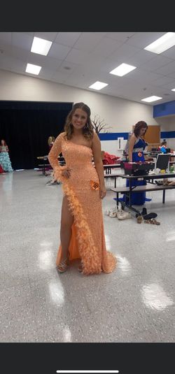 Jovani Orange Size 2 Prom One Shoulder Long Sleeve Side slit Dress on Queenly