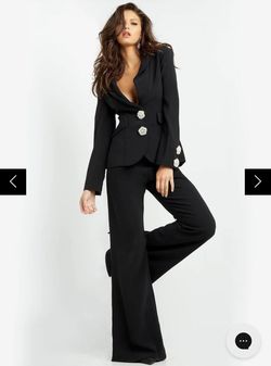 Style 02637 Jovani Black Size 6 Floor Length V Neck Jewelled Jumpsuit Dress on Queenly