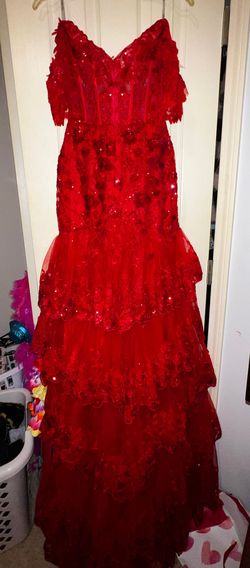 Style 55801 Sherri Hill Red Size 2 Floor Length Sequined Ball gown on Queenly