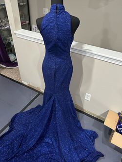 Style 1354 Jovani Blue Size 6 Jersey High Neck Glitter Mermaid Dress on Queenly