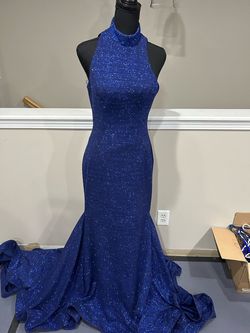 Style 1354 Jovani Blue Size 6 1354 High Neck Floor Length Mermaid Dress on Queenly