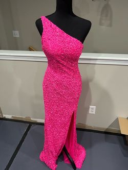 Style 54330 Sherri Hill Pink Size 0 54330 One Shoulder Pageant Sequined Side slit Dress on Queenly