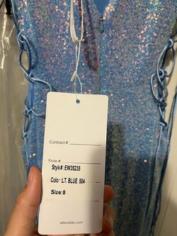 Style EW35235 Ellie Wilde Light Blue Size 8 Glitter Floor Length Mermaid Dress on Queenly