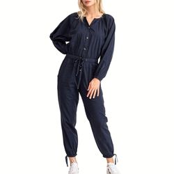 Style 1-1012673773-149 KERRI ROSENTHAL Blue Size 12 Long Sleeve Pockets Tall Height Jumpsuit Dress on Queenly