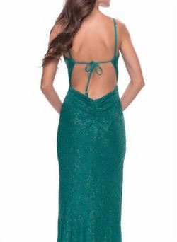 Style 1-1843296765-425 La Femme Green Size 8 Prom Sequined Black Tie Floor Length Side slit Dress on Queenly