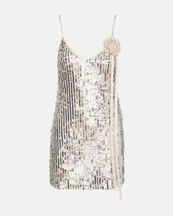 Style 1-202001673-892 STEVE MADDEN Silver Size 8 Polyester Sequined Cocktail Dress on Queenly