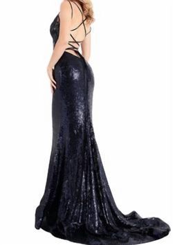 Style 1-268942472-425 JOVANI Blue Size 8 V Neck Lace Sequined Mermaid Dress on Queenly