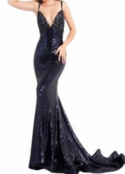 Style 1-268942472-425 JOVANI Blue Size 8 V Neck Backless Mermaid Dress on Queenly