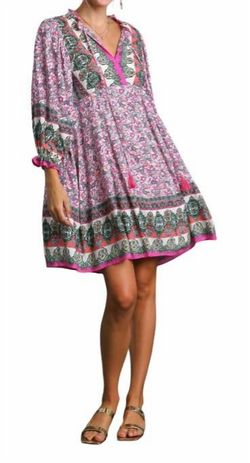 Style 1-2909878553-74 umgee Pink Size 4 Mini Print V Neck Casual Tall Height Cocktail Dress on Queenly