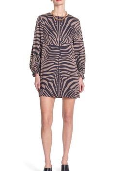 Style 1-3584385131-74 COREY LYNN CALTER Brown Size 4 Long Sleeve Mini Print Tall Height Cocktail Dress on Queenly