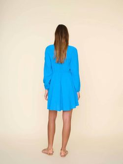 Style 1-3683765857-74 XIRENA Blue Size 4 High Neck Mini V Neck Tall Height Cocktail Dress on Queenly