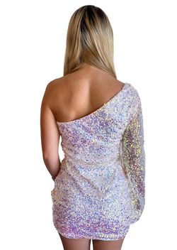 Style 1-3699711893-74 Blue Blush Pink Size 4 One Shoulder Sequined Mini Cocktail Dress on Queenly
