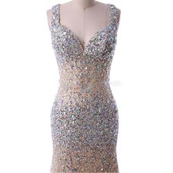 Style Style DC-Y7 Crystal Beaded Pageant Evening Gown Darius Cordell Nude Size 4 Floor Length Custom Jewelled Mermaid Dress on Queenly