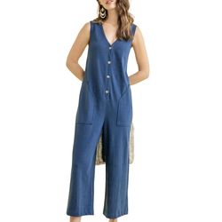 Style 1-4076701853-74 Lilla P Blue Size 4 V Neck Pockets Jumpsuit Dress on Queenly