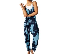 Style 1-545290125-149 Free People Blue Size 12 Plus Size Sorority Floor Length Print Jumpsuit Dress on Queenly