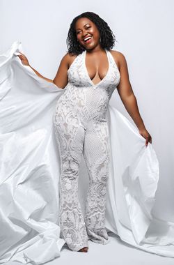 Debbie Carroll White Size 12 Floor Length Bridal Shower Halter Jersey Jumpsuit Dress on Queenly