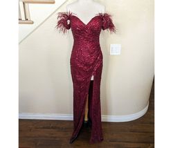 Style Off the Shoulder Sweetheart Sequined & Feather Dress  Red Size 10 Side slit Dress on Queenly