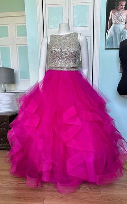 Style 42015 MoriLee Pink Size 16 High Neck Barbiecore Floor Length Ball gown on Queenly