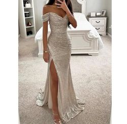 Style Silver Champagne Sequin Off the Shoulder Formal Dress Silver Size 6 Side slit Dress on Queenly