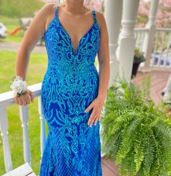 Ashley Lauren Blue Size 14 Prom Plunge Free Shipping Mermaid Dress on Queenly