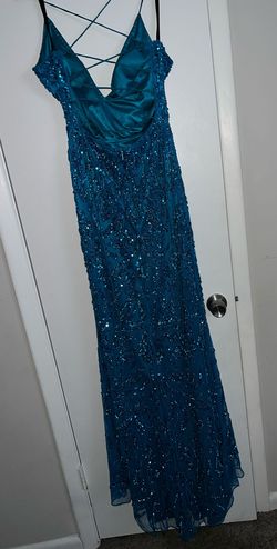 Style 4107 Primavera Blue Size 8 Floor Length Jersey Plunge Mermaid Dress on Queenly