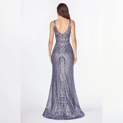 Cinderella Divine Blue Size 6 Plunge Print Floor Length Mermaid Dress on Queenly