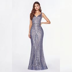 Cinderella Divine Blue Size 6 Jersey Floor Length Shiny Print Mermaid Dress on Queenly