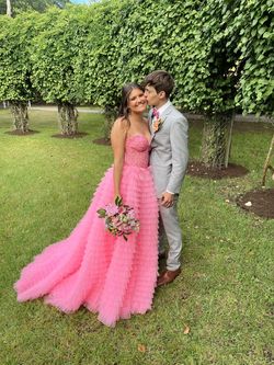 Style 56042 Sherri Hill Pink Size 6 Tulle Strapless Ruffles Jersey Ball gown on Queenly