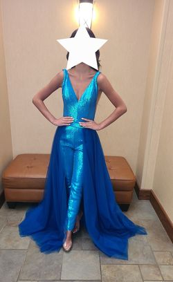 Jovani Blue Size 0 Floor Length Tall Height Tulle Overskirt Sequined Jumpsuit Dress on Queenly