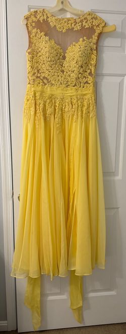 Mac Duggal Yellow Size 8 Floor Length Jersey Side slit Dress on Queenly