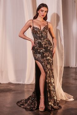 Style Cm358 Cinderella Divine Gold Size 8 Jersey Plunge Floor Length Side slit Dress on Queenly