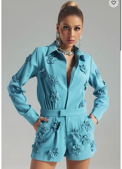 Bella Barnett Blue Size 4 Nightclub Sleeves Floor Length Jumpsuit Dress on Queenly