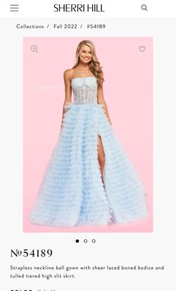 Style 54189 Sherri Hill Blue Size 2 Jersey Strapless Train Dress on Queenly