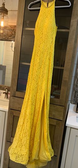 Sherri Hill Yellow Size 6 Side Slit Lace High Neck Train Dress on Queenly