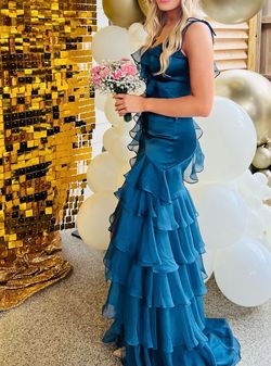 Sherri Hill Blue Size 0 A-line Floor Length Teal Train Dress on Queenly