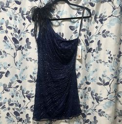 Primavera Blue Size 18 Feather Prom Mini One Shoulder Cocktail Dress on Queenly