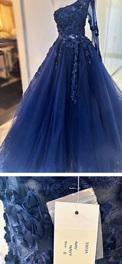 Jovani Blue Size 8 Floor Length One Shoulder 50 Off Ball gown on Queenly