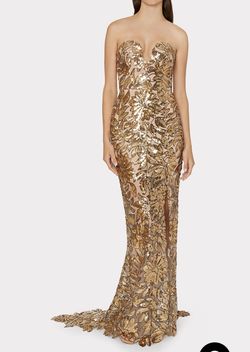 Milly Gold Size 8 Train Sheer Sequined Strapless Side slit Dress on Queenly