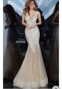 Style 4741 Jovani Nude Size 6 Plunge 4741 Mermaid Dress on Queenly