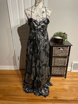 Metaphor Silver Size 12 Shiny Spaghetti Strap Floor Length A-line Dress on Queenly