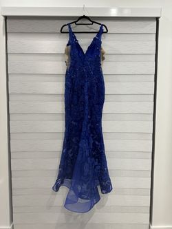 Jovani Blue Size 10 Jersey Wedding Guest Plunge Floor Length Mermaid Dress on Queenly