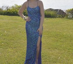 Glitterati Blue Size 2 Floor Length Tall Height Square Square Neck Mermaid Dress on Queenly
